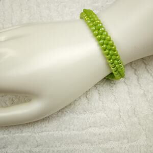 HANDMADE~Kiwi Green Herringbone & Crystals Bracelet~6½"